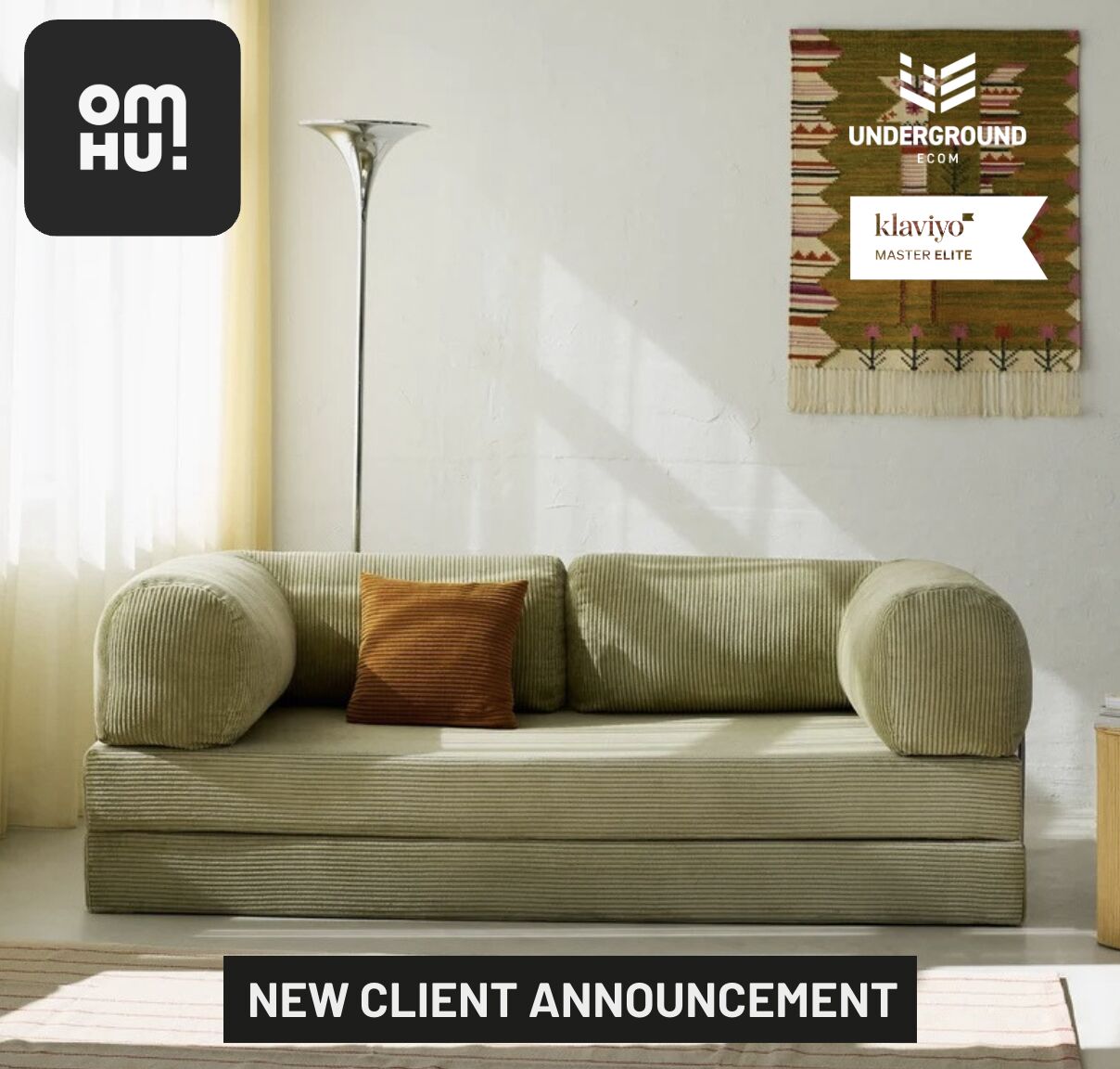 Underground Ecom new client announcement for Omhu, showing a green corduroy sofa.